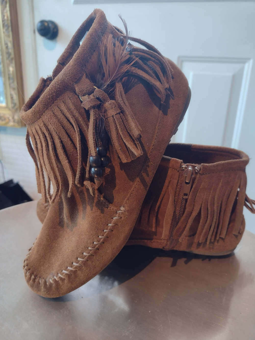 Brown Fringe Moccasin Boots - Stylish Slip-On Ankle Shoes